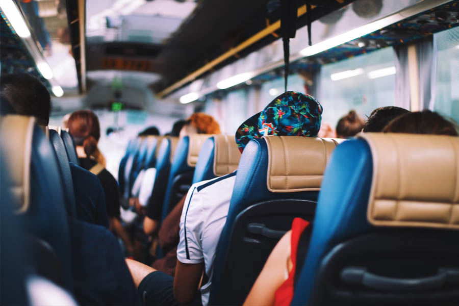 reclining seats of a charter bus